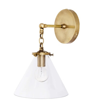 RALEIGH WALL SCONCE - BRASS WITH CLEAR GLASS TAPERED SHADE