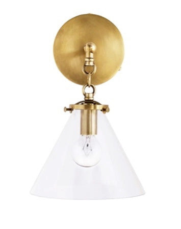 RALEIGH WALL SCONCE - BRASS WITH CLEAR GLASS TAPERED SHADE