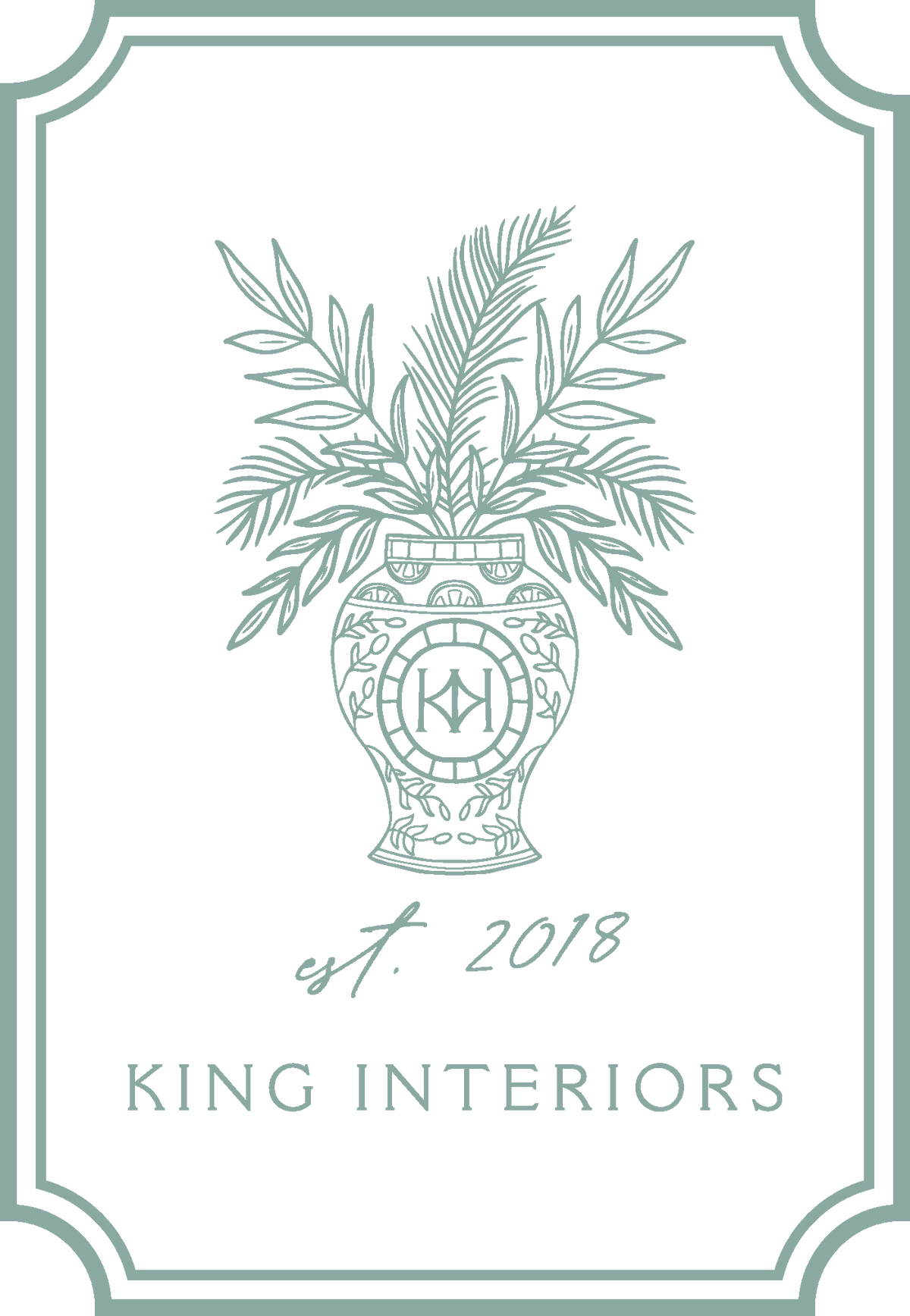 Decorative logo for King Interiors with a vase and leaves on a light green background.